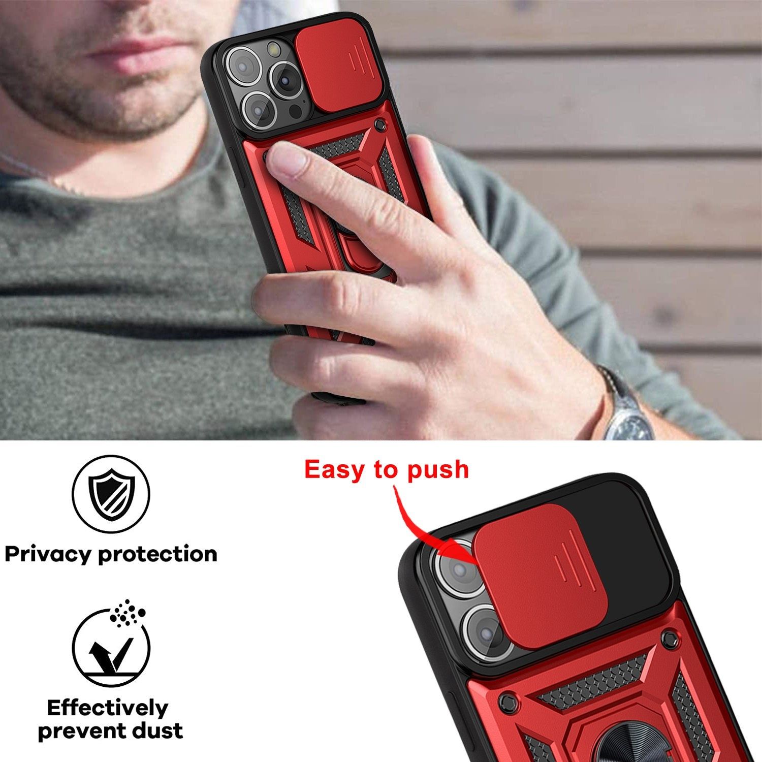 Rugged Stand Case with Slide Camera Cover for iPhone13pro, Built-in 360° Rotate Ring Kickstand Shockproof Hard Cover Case for iPhone 13 Pro