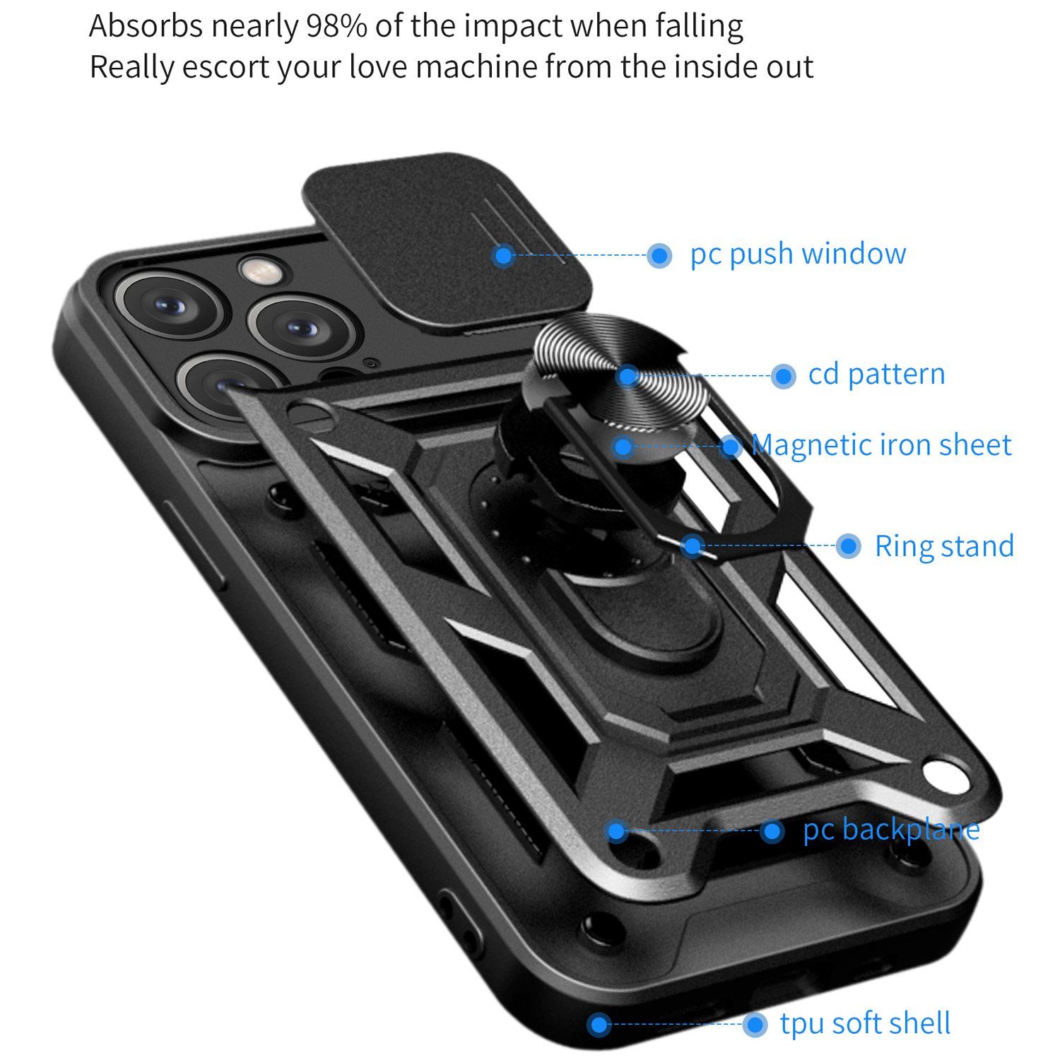 Rugged Stand Case with Slide Camera Cover for iphone14pro, Built-in 360° Rotate Ring Kickstand Shockproof Hard Cover Case for iPhone 14 Pro