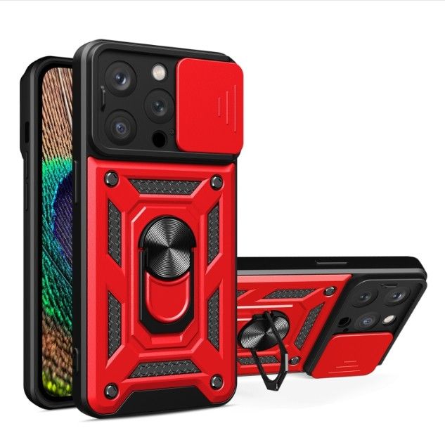 Rugged Stand Case with Slide Camera Cover for iphone14pro, Built-in 360° Rotate Ring Kickstand Shockproof Hard Cover Case for iPhone 14 Pro