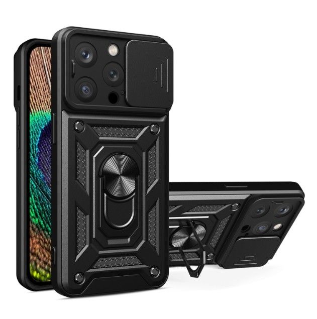 Rugged Stand Case with Slide Camera Cover for iphone14pro, Built-in 360° Rotate Ring Kickstand Shockproof Hard Cover Case for iPhone 14 Pro