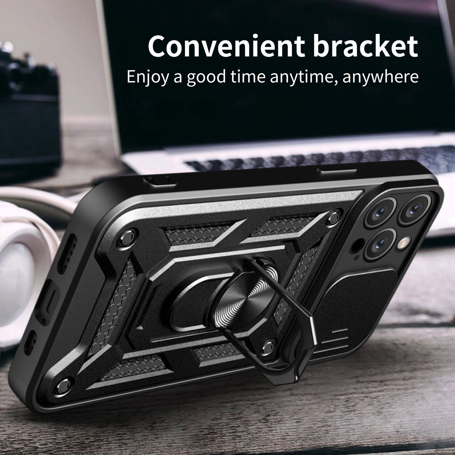 Rugged Stand Case with Slide Camera Cover for iphone14pro, Built-in 360° Rotate Ring Kickstand Shockproof Hard Cover Case for iPhone 14 Pro