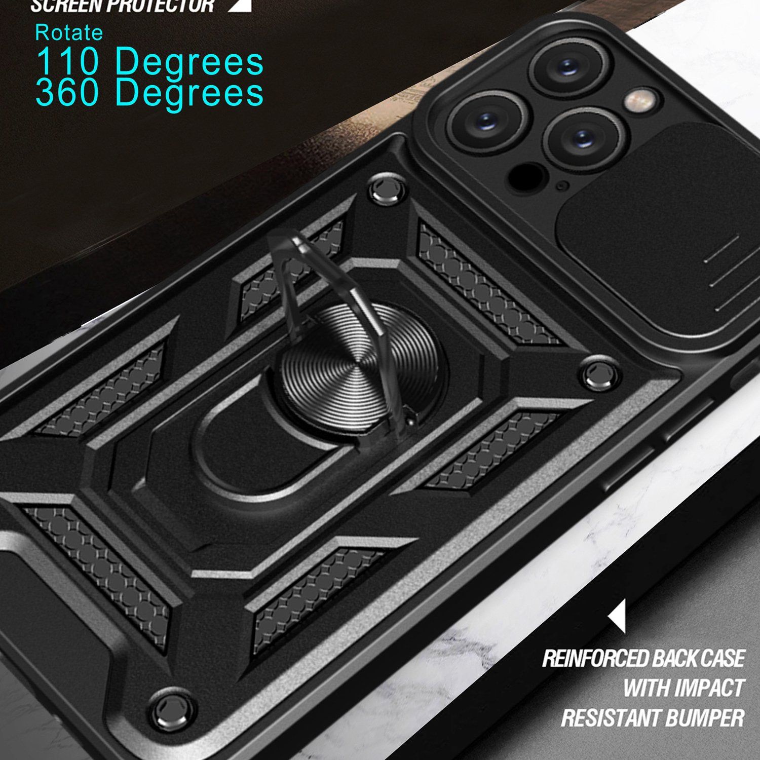 Rugged Stand Case with Slide Camera Cover for iphone14pro, Built-in 360° Rotate Ring Kickstand Shockproof Hard Cover Case for iPhone 14 Pro