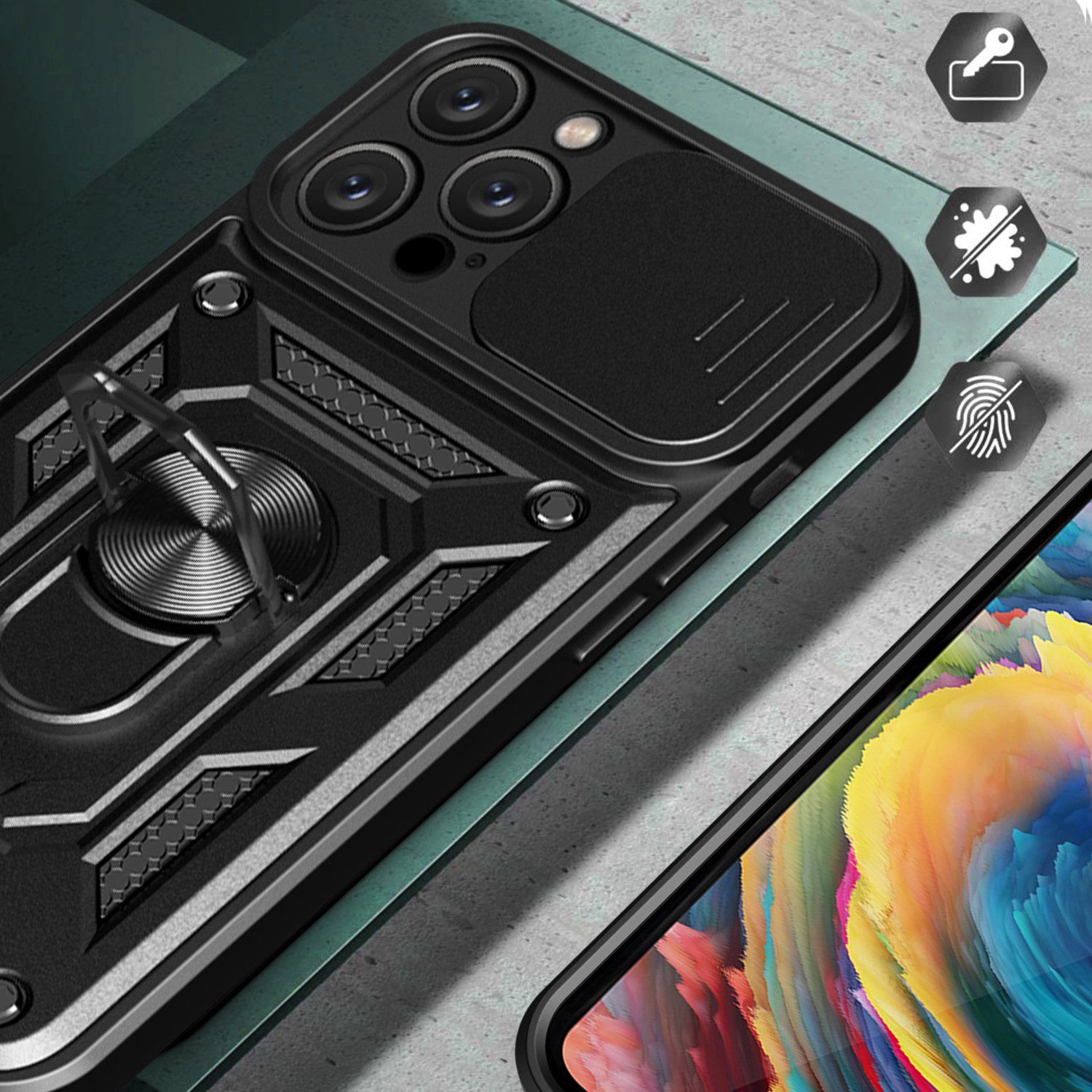 Rugged Stand Case with Slide Camera Cover for iphone14pro, Built-in 360° Rotate Ring Kickstand Shockproof Hard Cover Case for iPhone 14 Pro