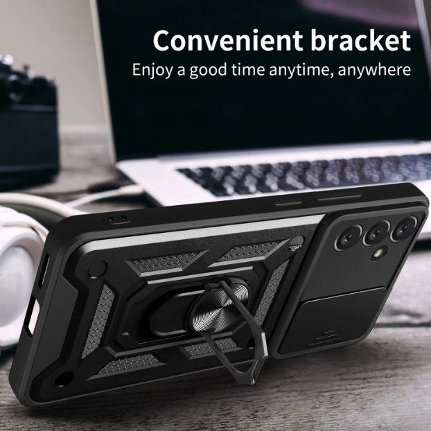 Rugged Stand Case with Slide Camera Cover for Samsung A34, Built-in 360° Rotate Ring Kickstand Shockproof Hard Cover Case for Samsung Galaxy A34