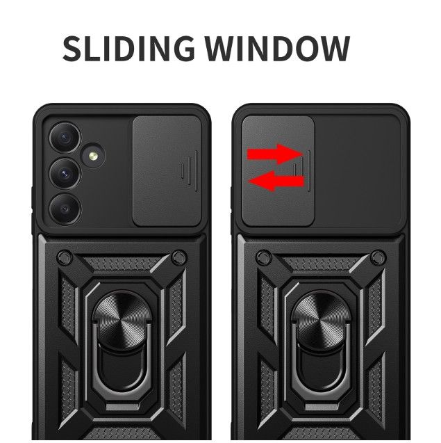 Rugged Stand Case with Slide Camera Cover for Samsung A34, Built-in 360° Rotate Ring Kickstand Shockproof Hard Cover Case for Samsung Galaxy A34