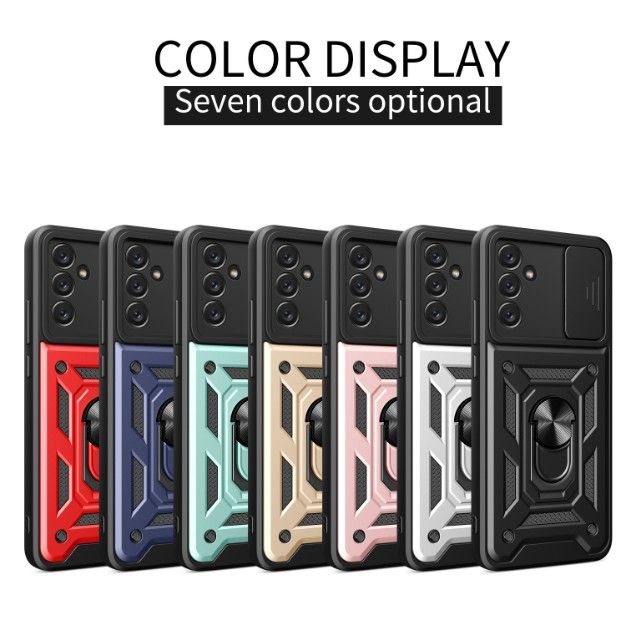 Rugged Stand Case with Slide Camera Cover for Samsung A34, Built-in 360° Rotate Ring Kickstand Shockproof Hard Cover Case for Samsung Galaxy A34