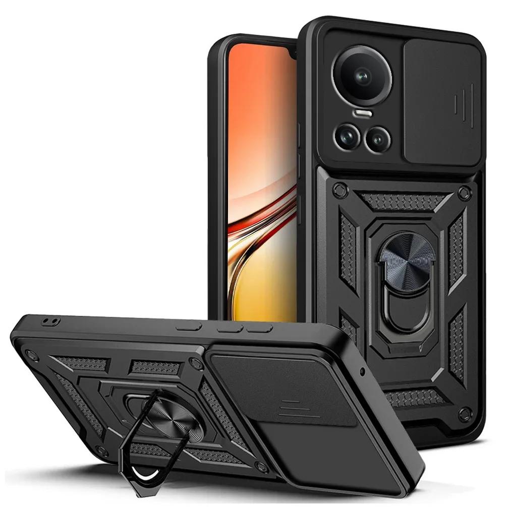 Rugged Stand Case with Slide Camera Cover, Built-in 360° Rotate Ring Kickstand Shockproof Hard Cover Case for Oppo Reno 10 Pro