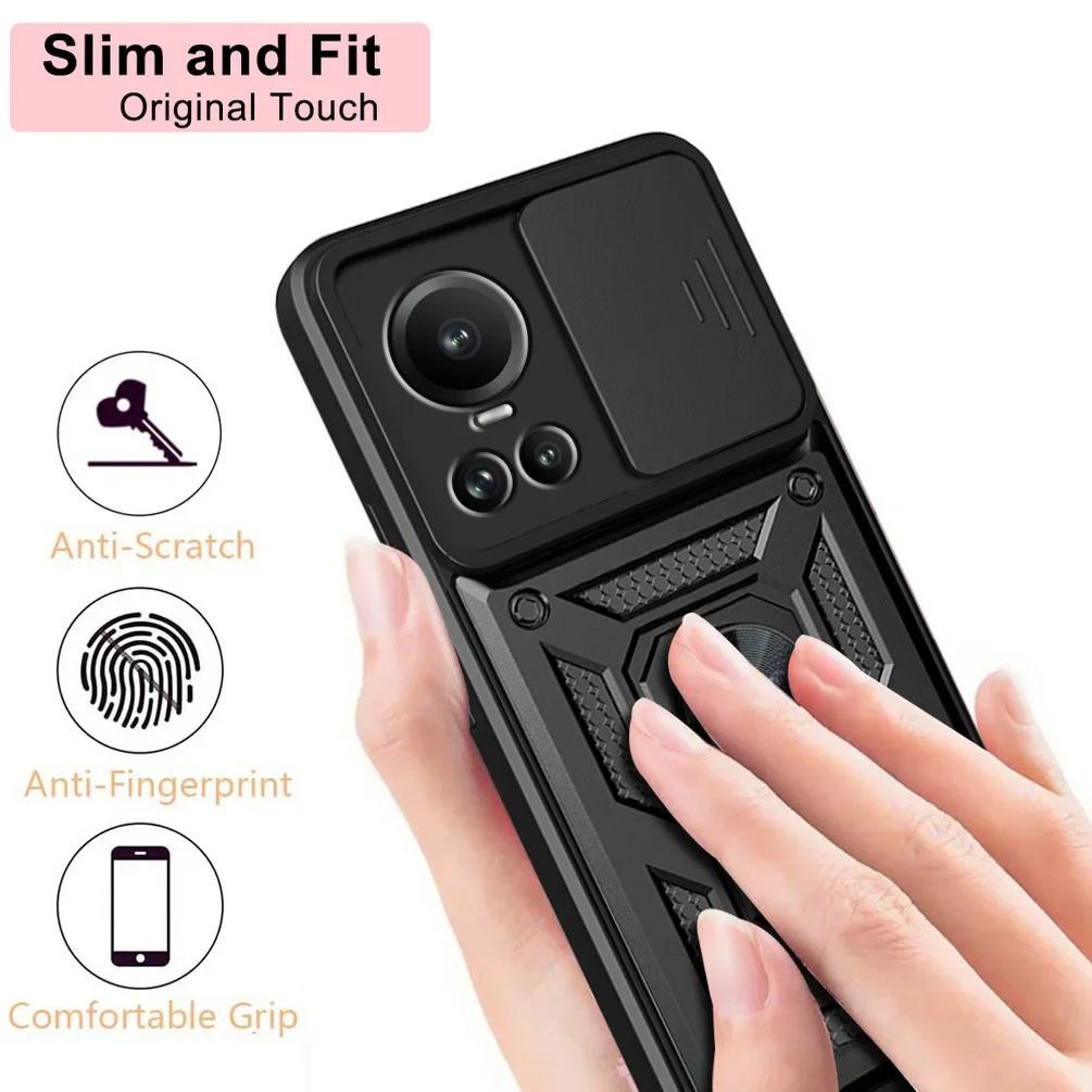 Rugged Stand Case with Slide Camera Cover, Built-in 360° Rotate Ring Kickstand Shockproof Hard Cover Case for Oppo Reno 10 Pro