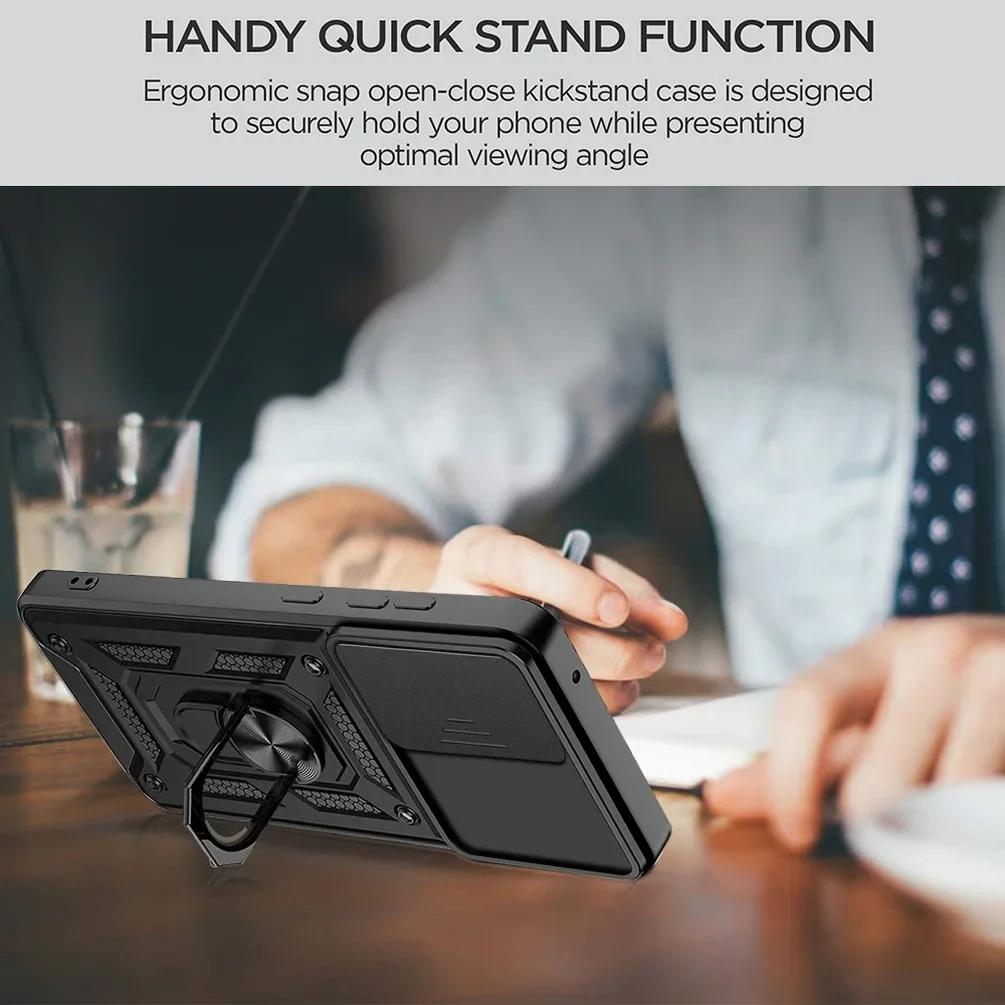 Rugged Stand Case with Slide Camera Cover, Built-in 360° Rotate Ring Kickstand Shockproof Hard Cover Case for Oppo Reno 10 Pro