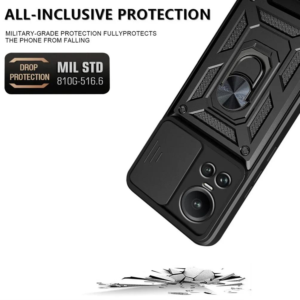 Rugged Stand Case with Slide Camera Cover, Built-in 360° Rotate Ring Kickstand Shockproof Hard Cover Case for Oppo Reno 10 Pro
