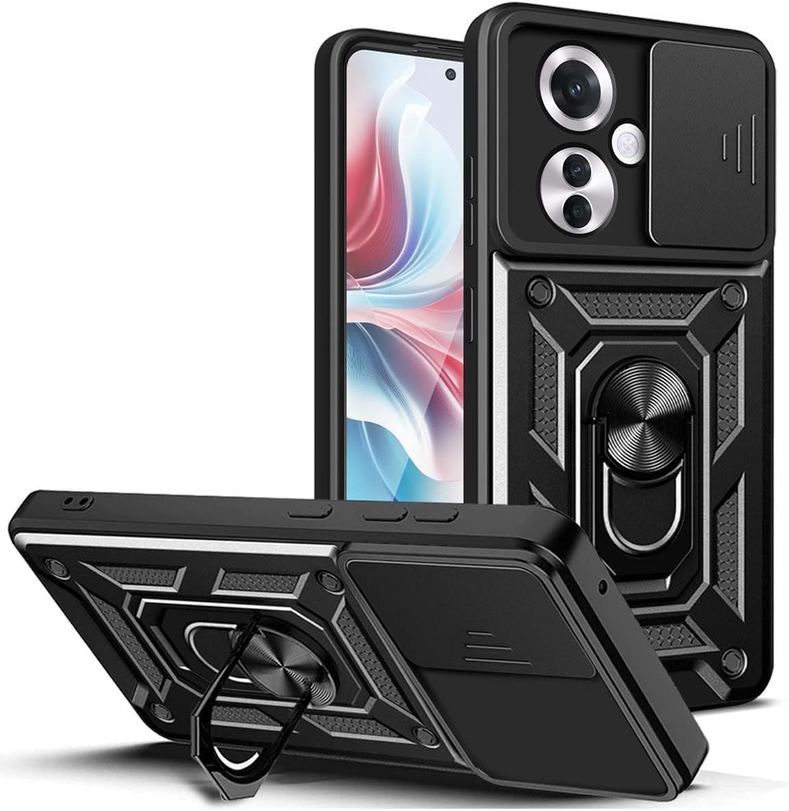 Rugged Stand Case with Slide Camera Cover for Reno11 F, Built-in 360° Rotate Ring Kickstand Shockproof Hard Cover Case for Oppo Reno 11F
