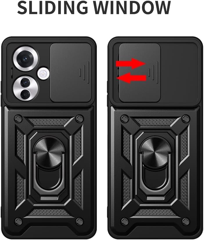 Rugged Stand Case with Slide Camera Cover for Reno11 F, Built-in 360° Rotate Ring Kickstand Shockproof Hard Cover Case for Oppo Reno 11F