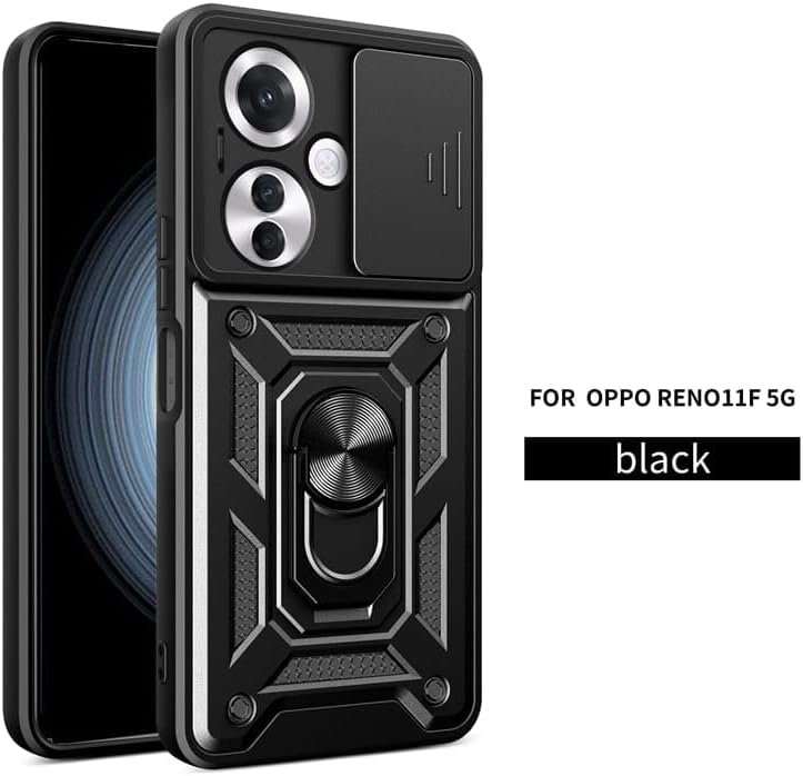 Rugged Stand Case with Slide Camera Cover for Reno11 F, Built-in 360° Rotate Ring Kickstand Shockproof Hard Cover Case for Oppo Reno 11F