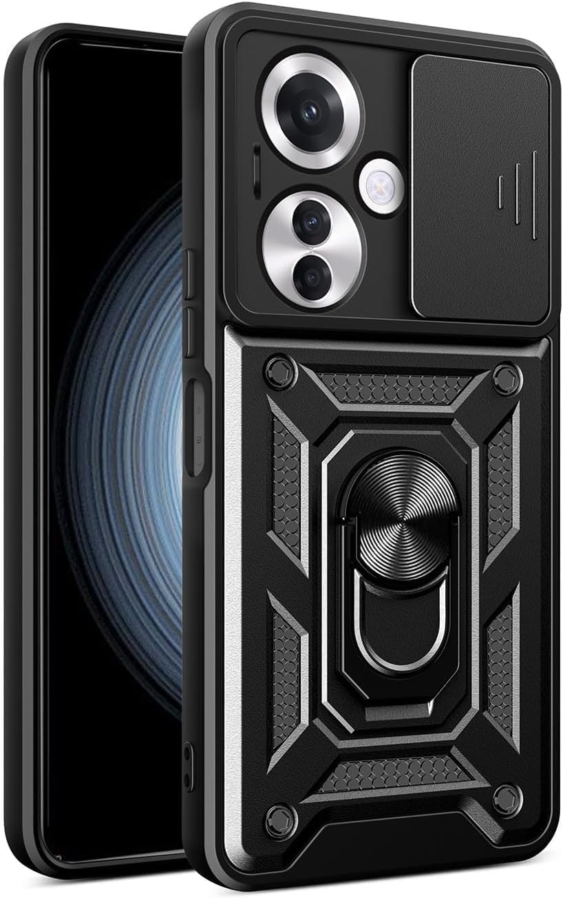 Rugged Stand Case with Slide Camera Cover for Reno11 F, Built-in 360° Rotate Ring Kickstand Shockproof Hard Cover Case for Oppo Reno 11F