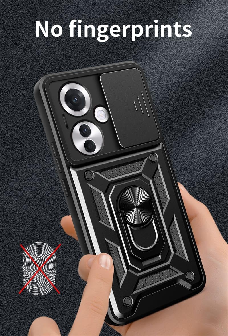 Rugged Stand Case with Slide Camera Cover for Reno11 F, Built-in 360° Rotate Ring Kickstand Shockproof Hard Cover Case for Oppo Reno 11F