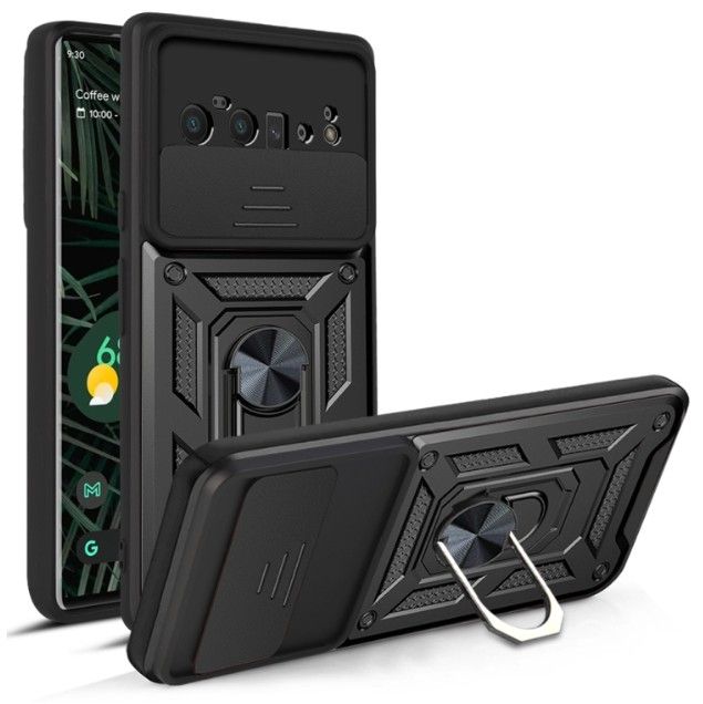 Rugged Stand Case with Slide Camera Cover, Built-in 360° Rotate Ring Kickstand Shockproof Hard Cover Case for Google Pixel 6 Pro