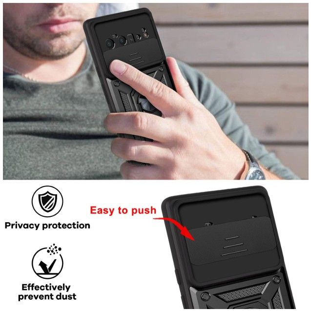 Rugged Stand Case with Slide Camera Cover, Built-in 360° Rotate Ring Kickstand Shockproof Hard Cover Case for Google Pixel 6 Pro