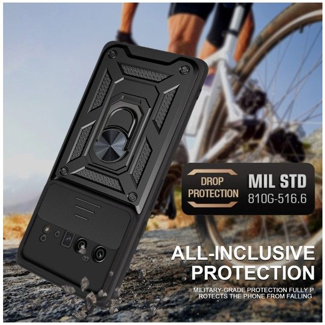 Rugged Stand Case with Slide Camera Cover, Built-in 360° Rotate Ring Kickstand Shockproof Hard Cover Case for Google Pixel 6 Pro