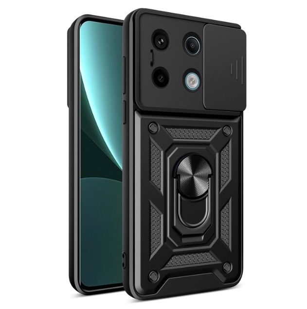 Rugged Stand Case with Slide Camera Cover, Built-in 360° Rotate Ring Kickstand Shockproof Hard Cover Case for Xiaomi Redmi Note 13 Pro 4G