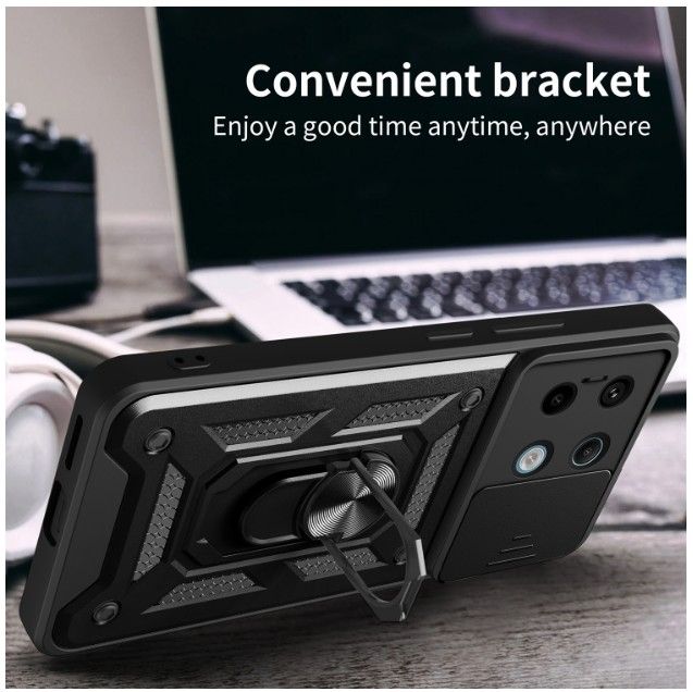 Rugged Stand Case with Slide Camera Cover, Built-in 360° Rotate Ring Kickstand Shockproof Hard Cover Case for Xiaomi Redmi Note 13 Pro 4G