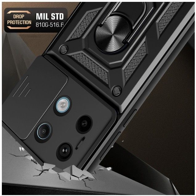 Rugged Stand Case with Slide Camera Cover, Built-in 360° Rotate Ring Kickstand Shockproof Hard Cover Case for Xiaomi Redmi Note 13 Pro 4G