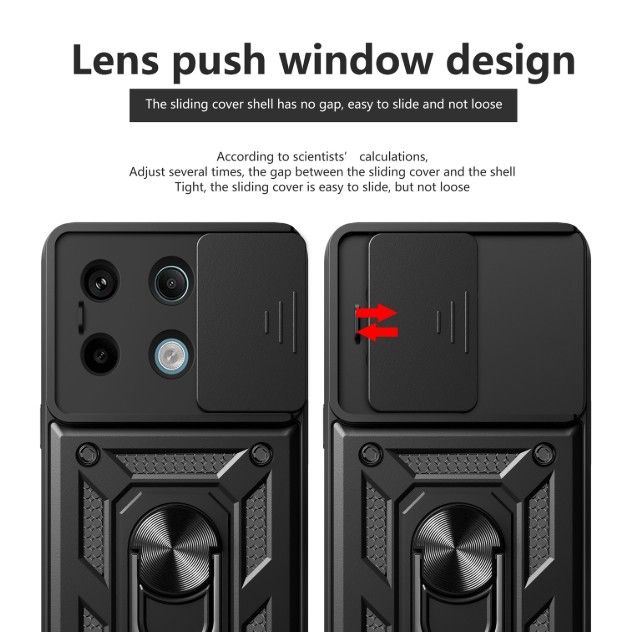 Rugged Stand Case with Slide Camera Cover, Built-in 360° Rotate Ring Kickstand Shockproof Hard Cover Case for Xiaomi Redmi Note 13 Pro 4G