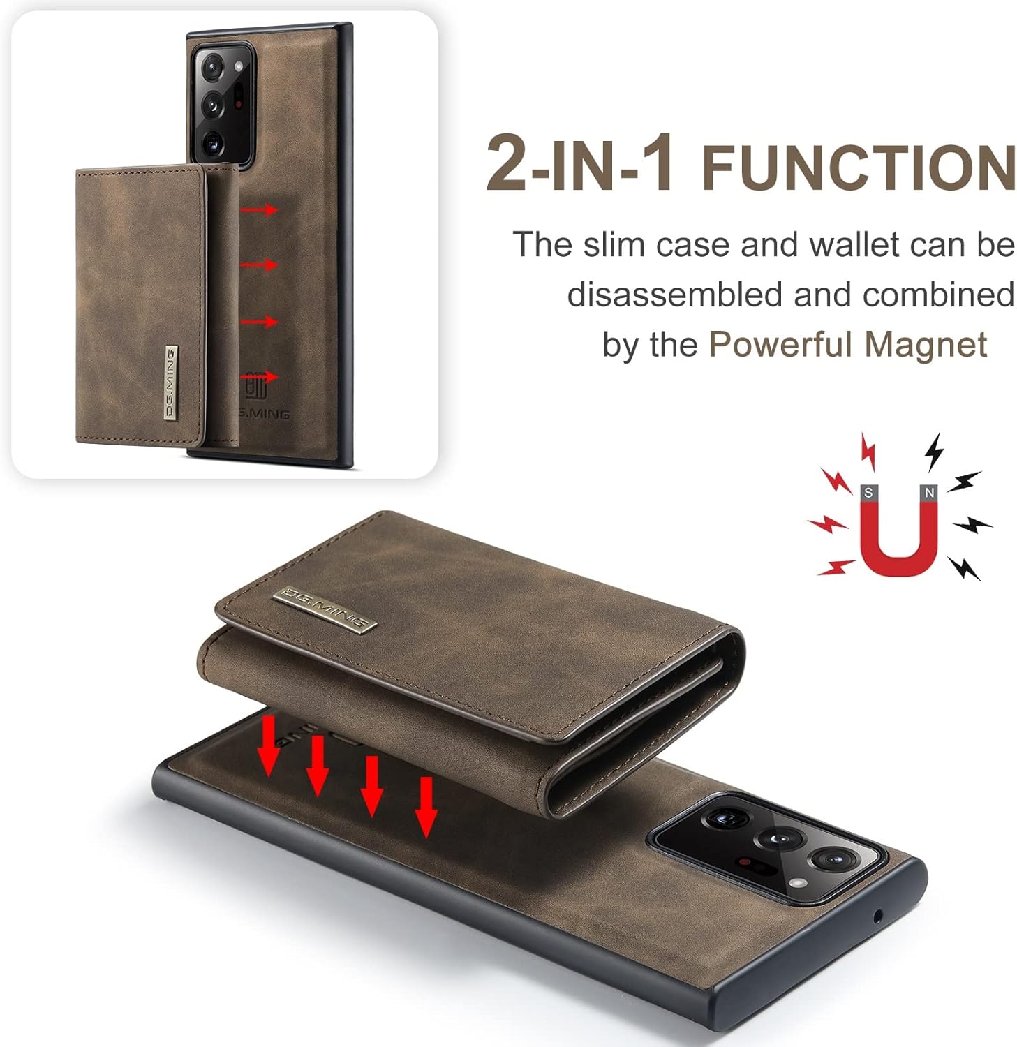 2 in 1 Magnetic Detachable Wallet Cover Case for Samsung Galaxy Note20 Ultra, Slim Leather Case with Removable Tri-fold Wallet Credit Card Cash Holder