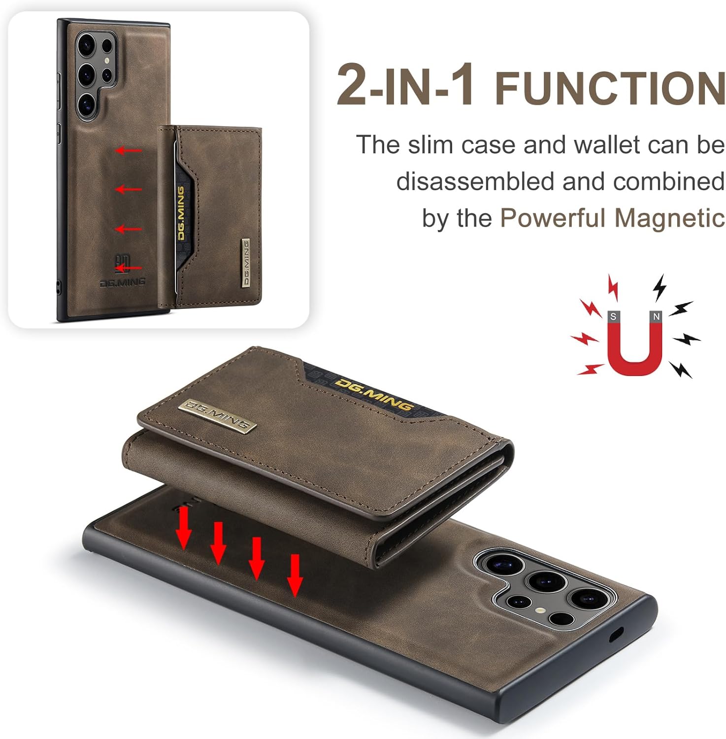 2 in 1 Magnetic Detachable Wallet Cover Case for Samsung Galaxy S24 Ultra, Slim Leather Case with Removable Tri-fold Wallet Credit Card Cash Holder