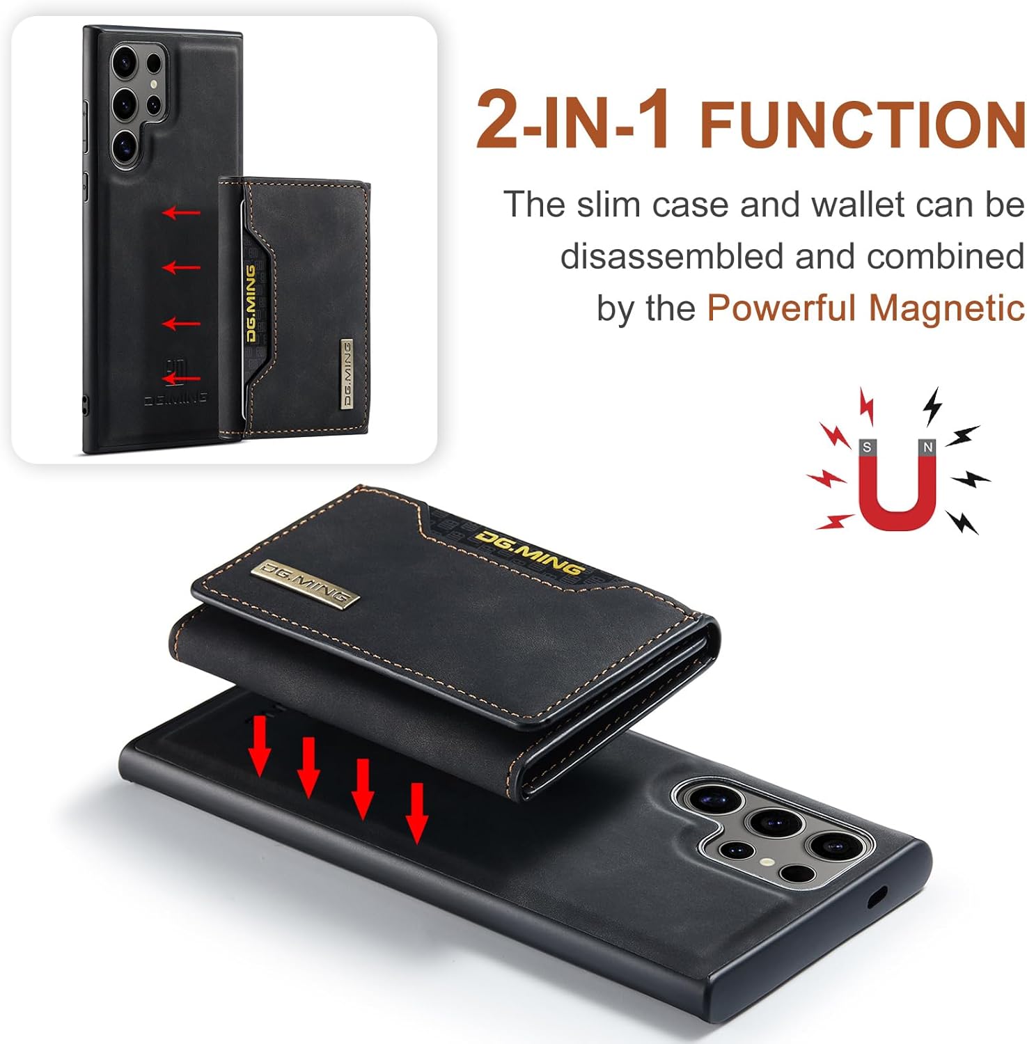 2 in 1 Magnetic Detachable Wallet Cover Case for Samsung Galaxy S24 Ultra, Slim Leather Case with Removable Tri-fold Wallet Credit Card Cash Holder