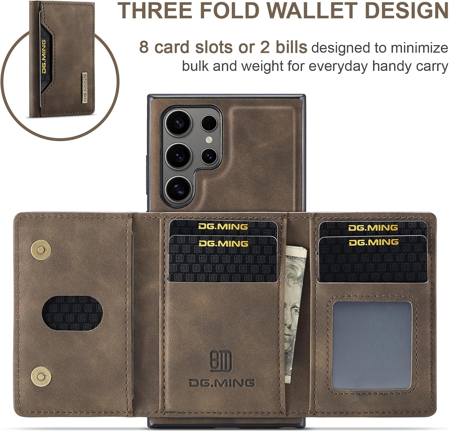 2 in 1 Magnetic Detachable Wallet Cover Case for Samsung Galaxy S24 Ultra, Slim Leather Case with Removable Tri-fold Wallet Credit Card Cash Holder