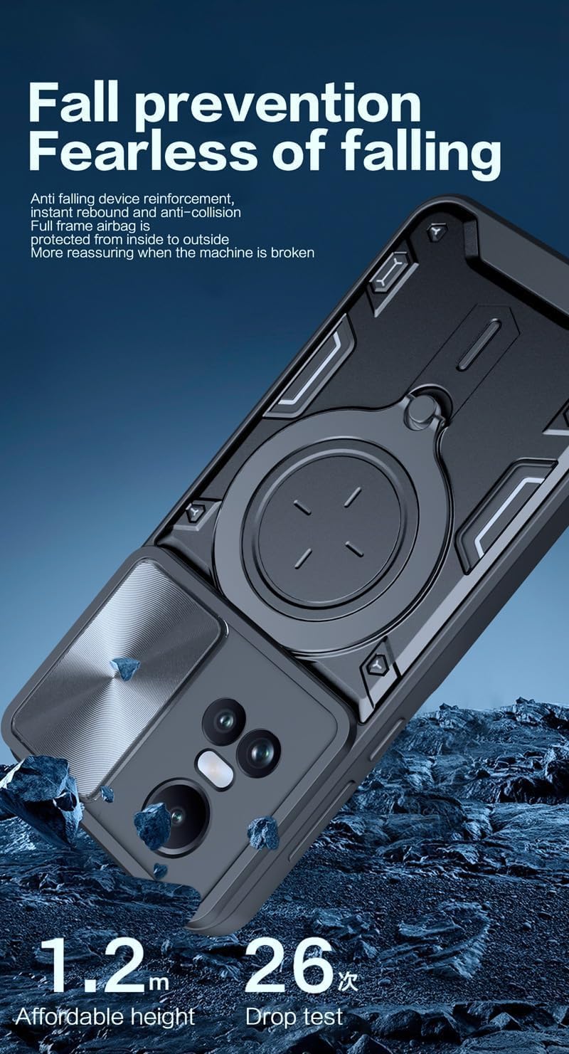 Textured Sliding CamShield with Turning 90 Degree and Rotating 360 Degree Kickstand Holder Phone Case Cover for Oppo Reno 10 Pro