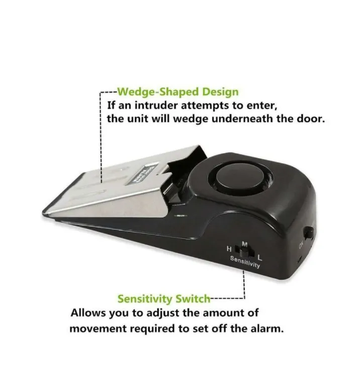 Door stopper alarm, adjustable and easy to install, uses battery
