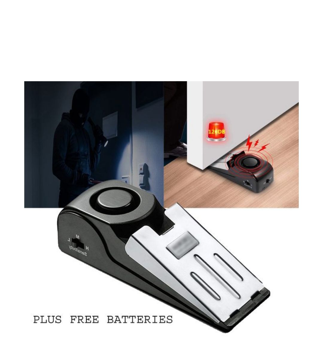 Door stopper alarm, adjustable and easy to install, uses battery