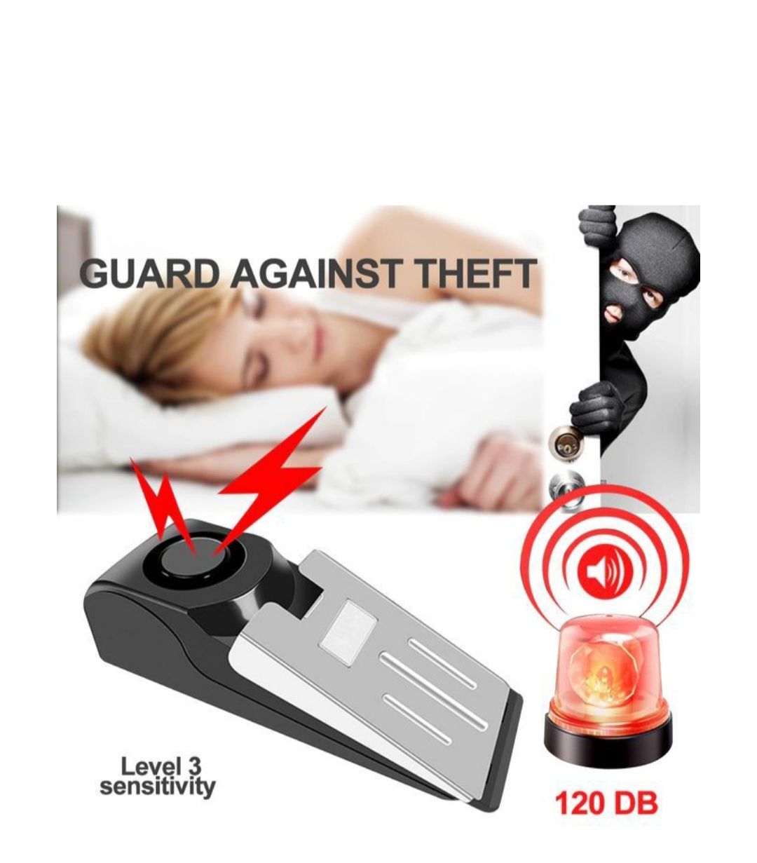 Door stopper alarm, adjustable and easy to install, uses battery