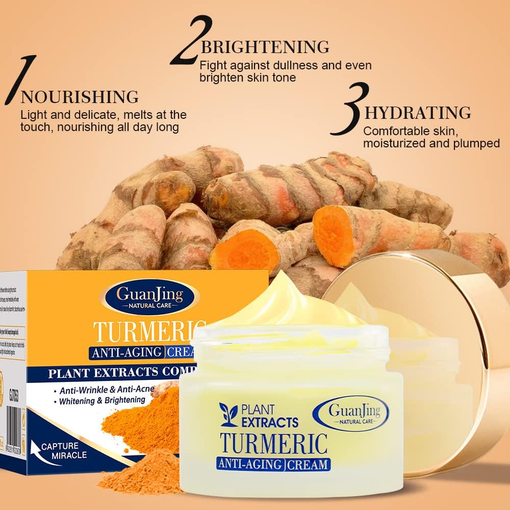 2 Pack Turmeric Facial Cream Anti Aging Whitening Fade Fine Line Face Cream 50ml Moisturizing Nourish Skin Care Guanjing Natural Care Turmeric Anti-Aging Face Cream