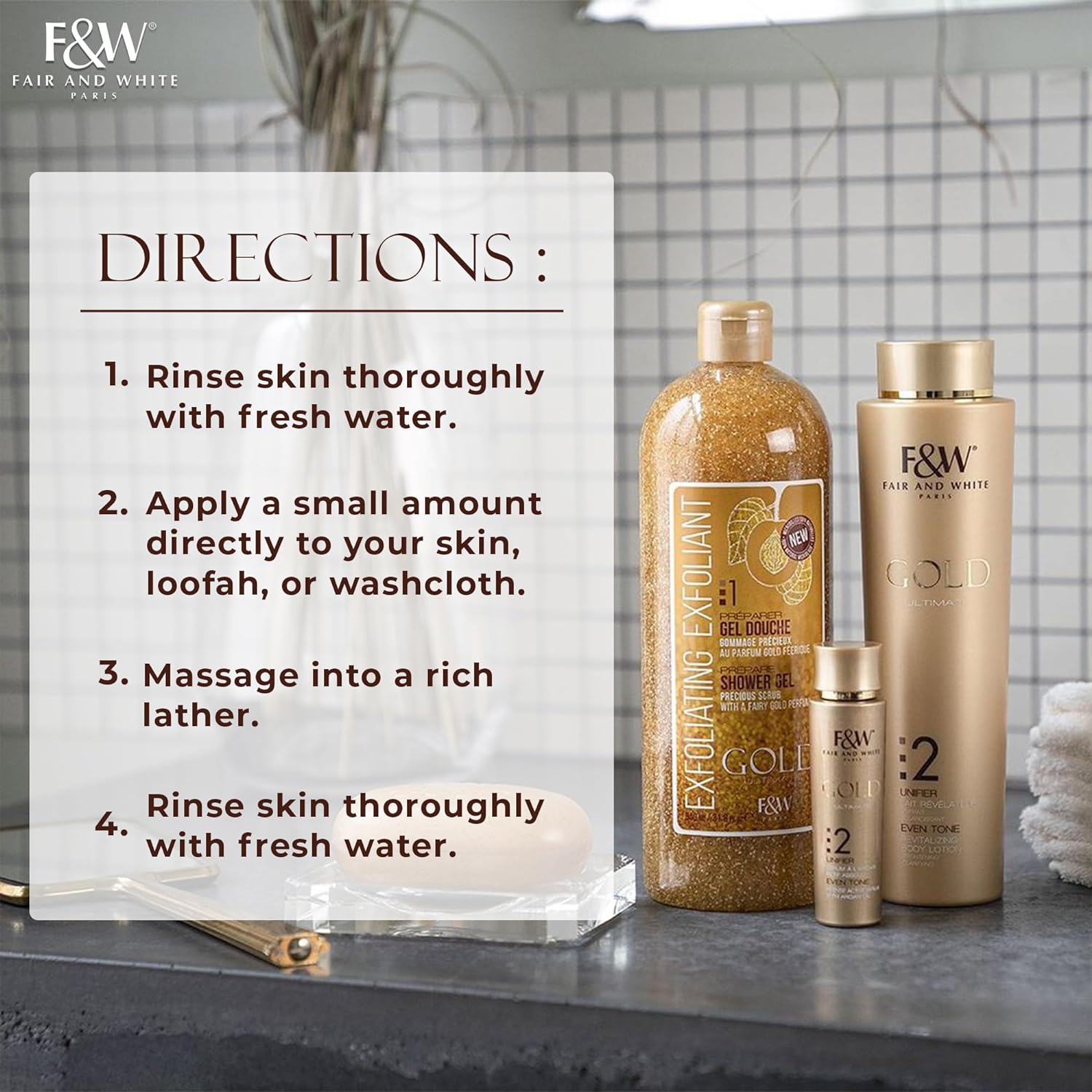 Fair and White Gold Exfoliating Shower Gel Exfoliates and Cleanses skin, Leaving it Radiant and Even-Tone Get Beautiful, Soft Skin Like Never Before Body Wash