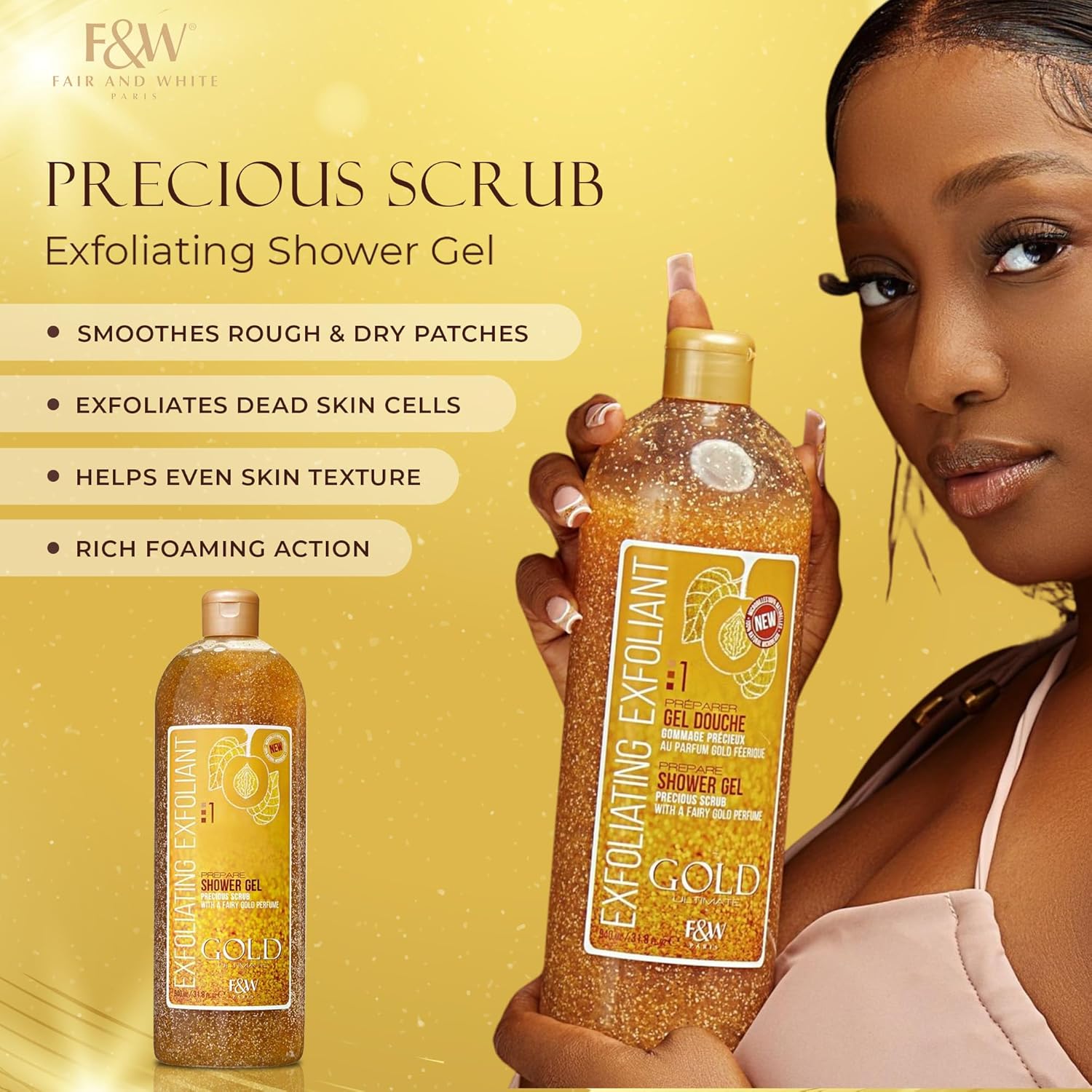 Fair and White Gold Exfoliating Shower Gel Exfoliates and Cleanses skin, Leaving it Radiant and Even-Tone Get Beautiful, Soft Skin Like Never Before Body Wash