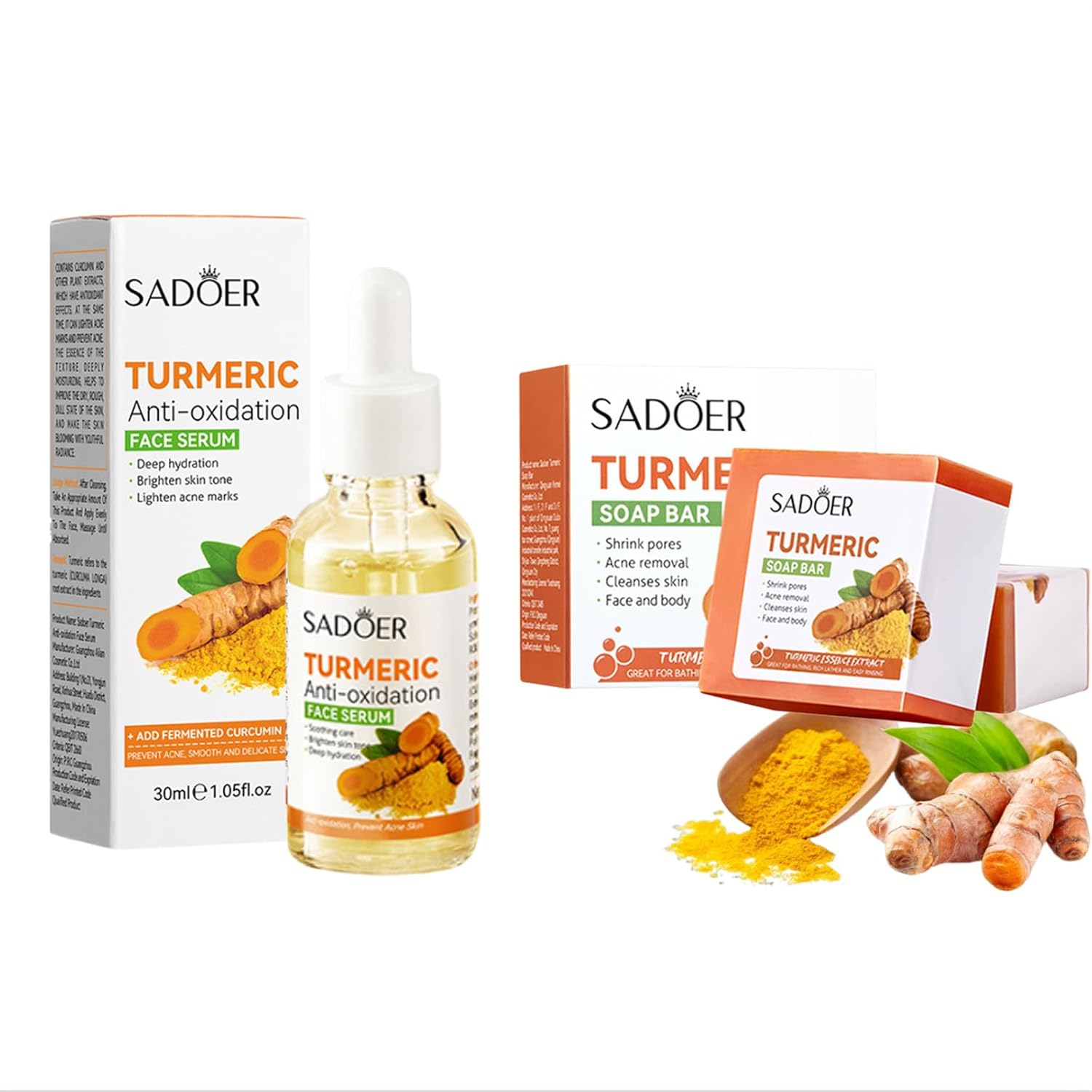 2 Packs Sadoer Turmeric Soap Bar + Serum Skin Care for Shower, Smoothing and Cleanses Skin Face Wash Soap Face Serum, Face Wash Oily Skin Bar Soap for Face and Body (Serum Soap Set)