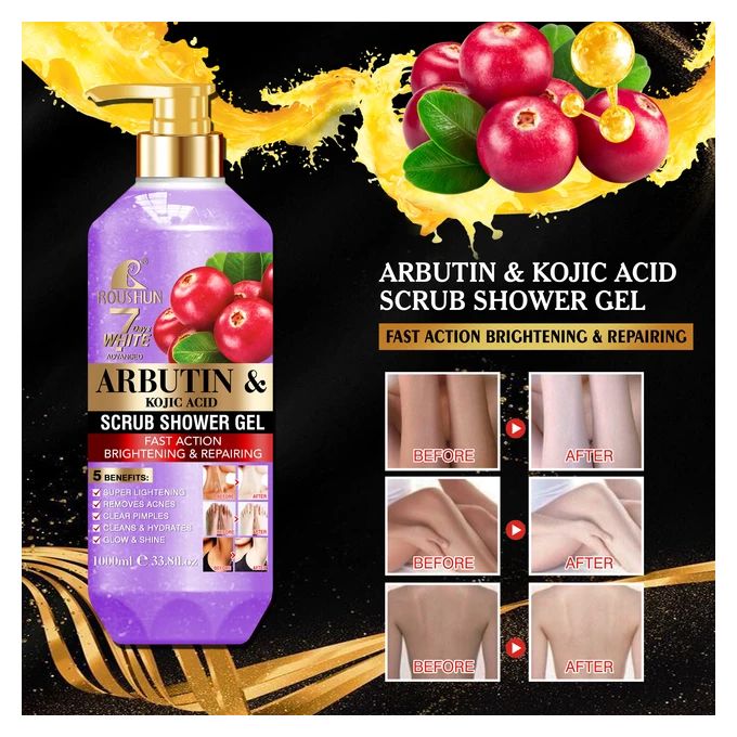 Roushun 7 Days White Arbutin And Kojic Acid Scrub Shower Gel 1000 ml Removes Acnes Clear Pimples Cleans and Hydrates Glow and Shine rbutin And Kojic Acid Scrub Shower Gel 1000 ml