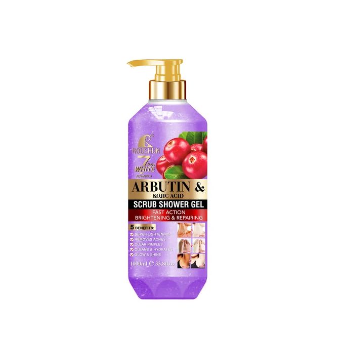 Roushun 7 Days White Arbutin And Kojic Acid Scrub Shower Gel 1000 ml Removes Acnes Clear Pimples Cleans and Hydrates Glow and Shine rbutin And Kojic Acid Scrub Shower Gel 1000 ml