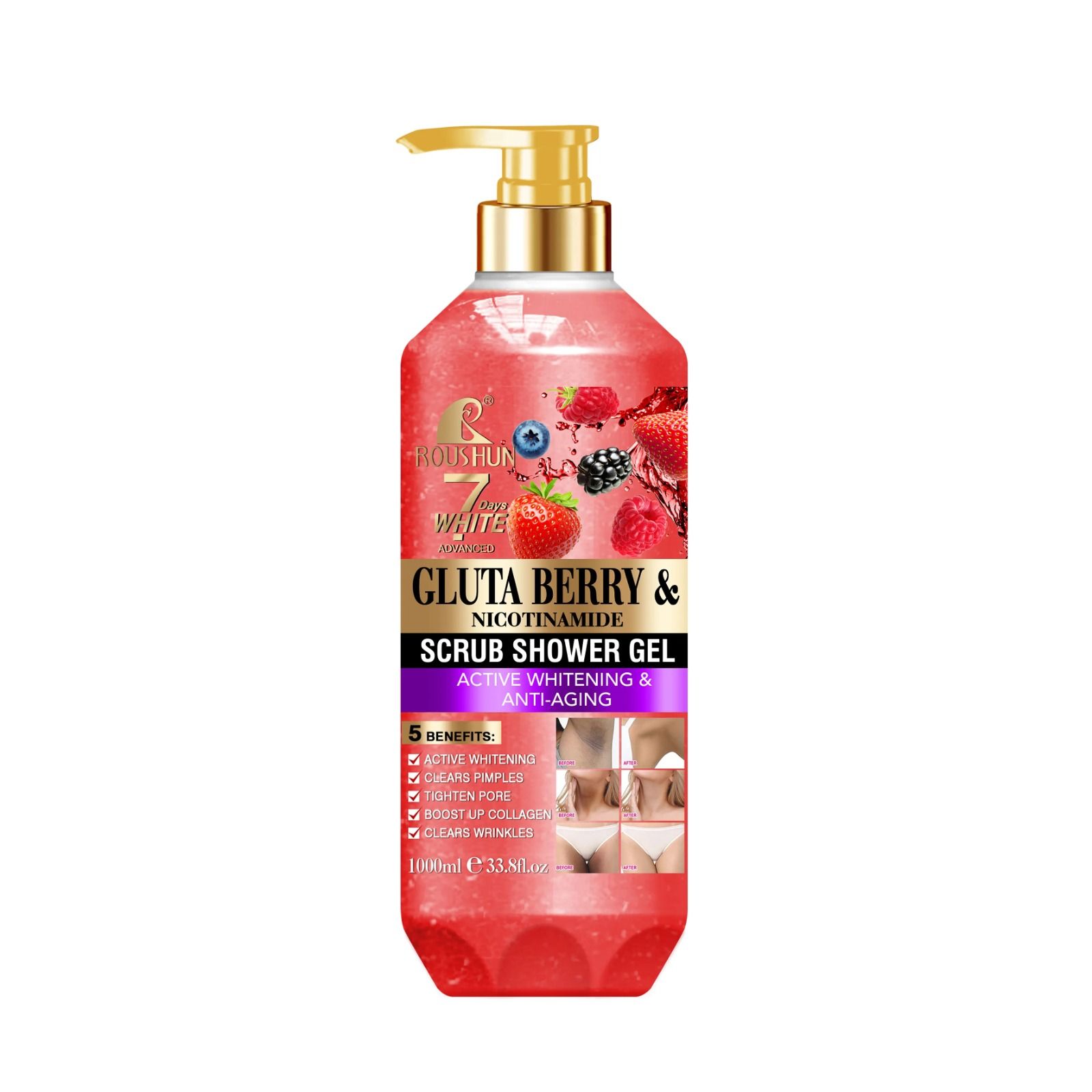 ROUSHUN Gluta Berry Scrub Shower Gel 1000ml Clean Skin Moisten Water Replenishing Long Lasting Fragrance Whitening Bubble Exfoliator Firms, Brightens, Moisturizes, Fade Dark Spots, Lightens 500ml