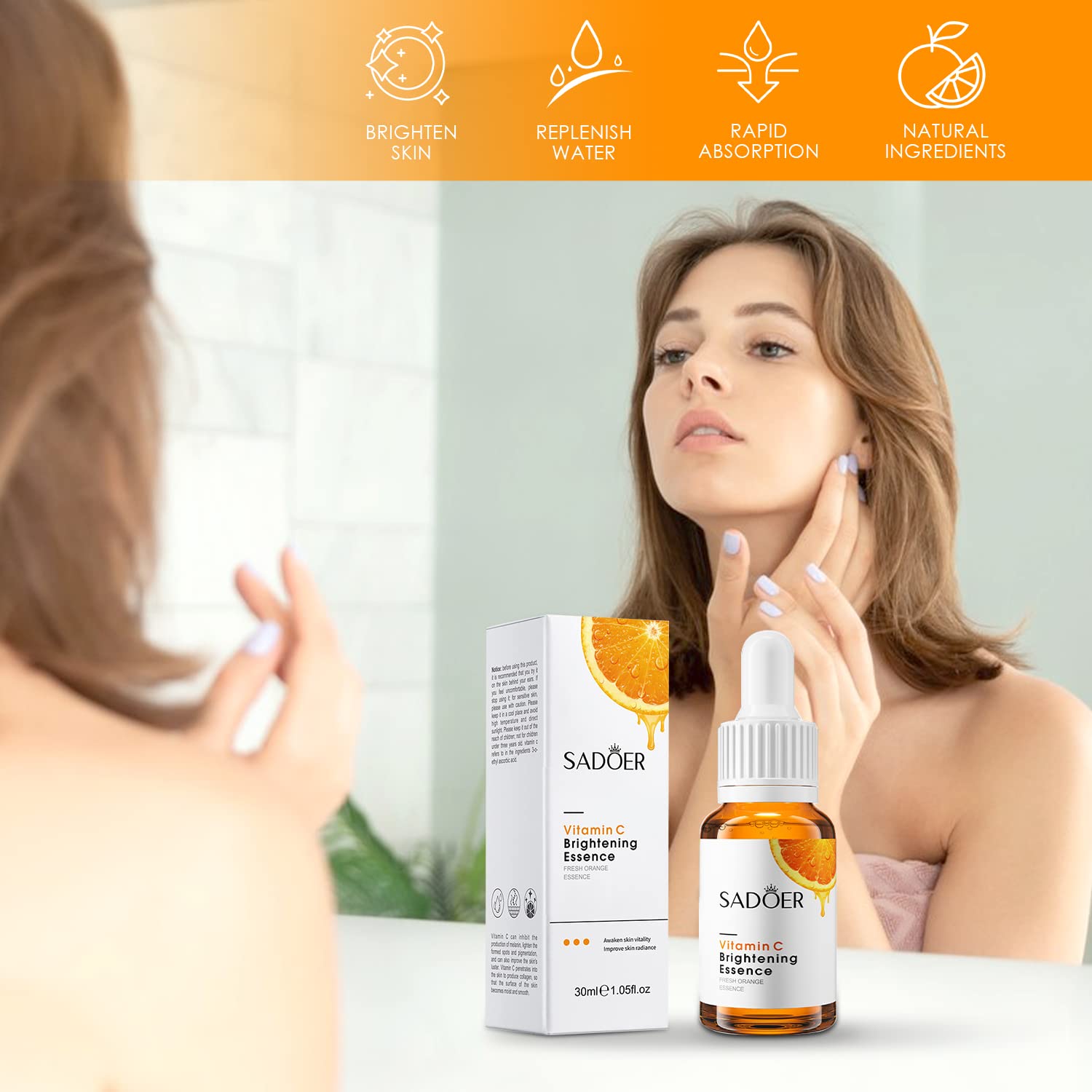 Sadoer Vitamin C Serum Face 30 ml - With Hyaluronic Acid and Vitamin C, Face Serum for All Skin Types, Anti-Ageing Wrinkle Remover and Sun Spot Pigment Spot Remover Face Care Serum