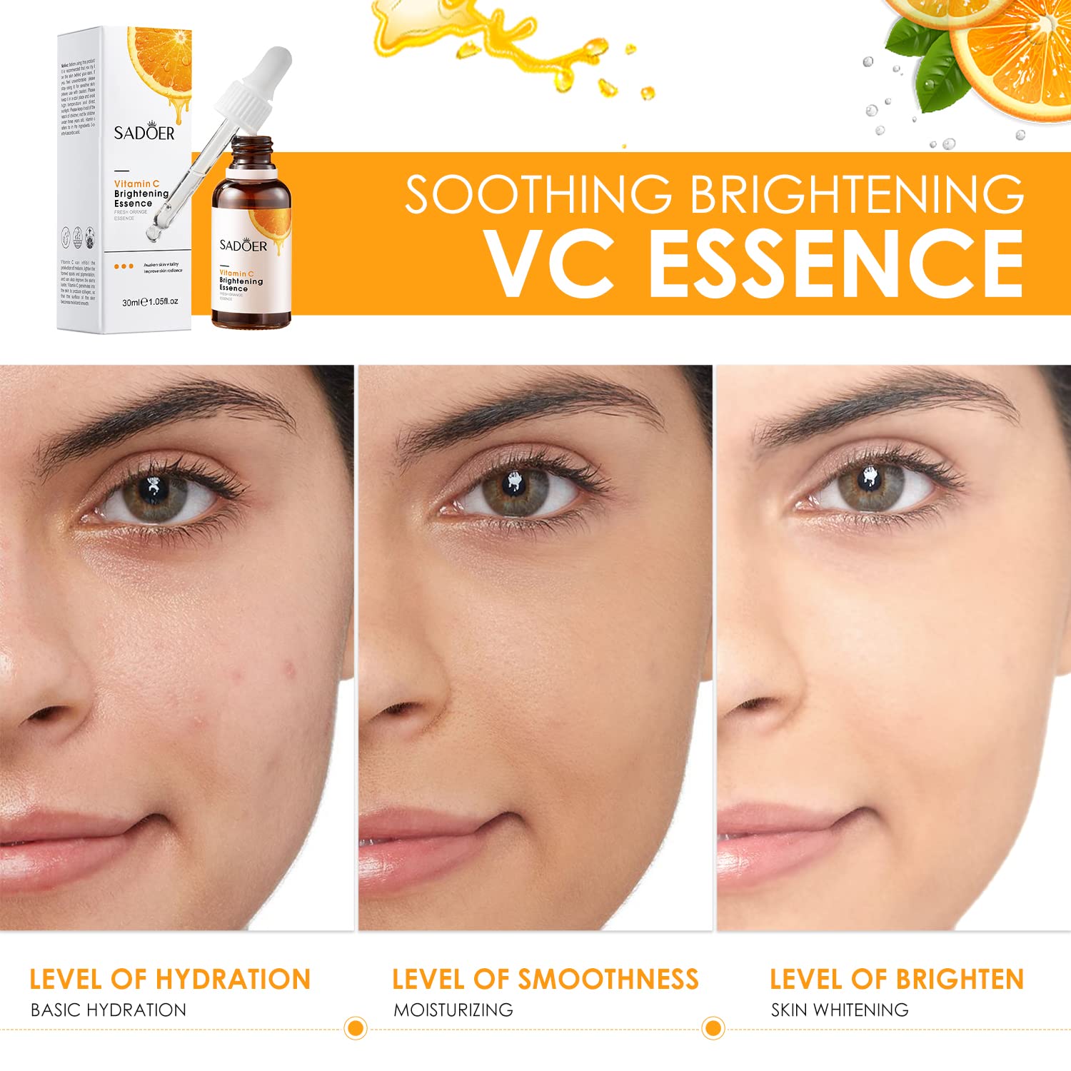Sadoer Vitamin C Serum Face 30 ml - With Hyaluronic Acid and Vitamin C, Face Serum for All Skin Types, Anti-Ageing Wrinkle Remover and Sun Spot Pigment Spot Remover Face Care Serum