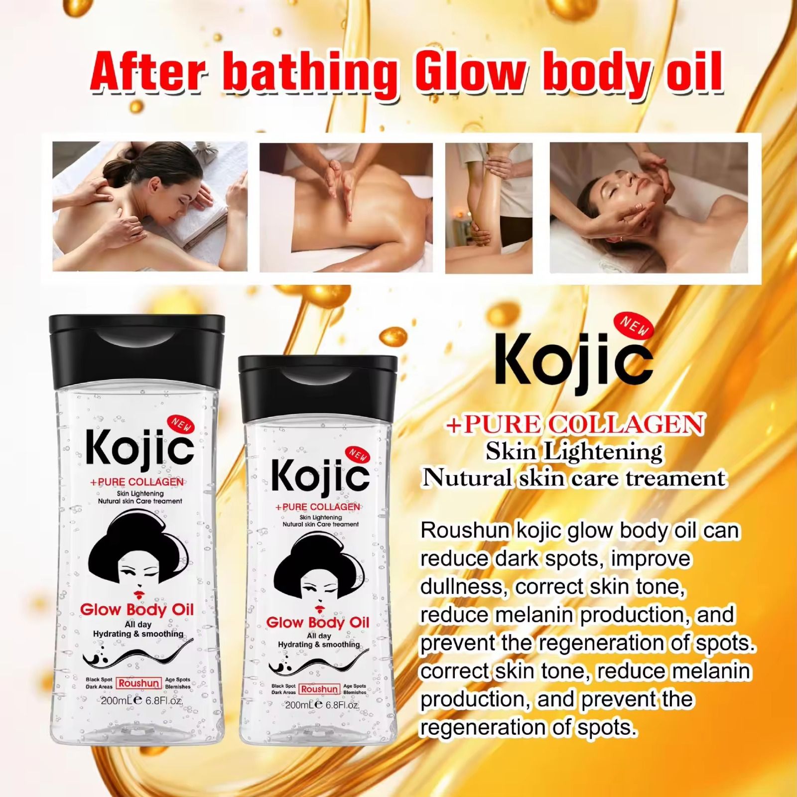 Kojic Pure Collagen Natural After Shower Reduce Dark Spots Improve Dullness Kojic Glow Body Oil Moisturize Exquisite Elastic Brightens Skin Tone Deep Hydration Body Oil 200ml