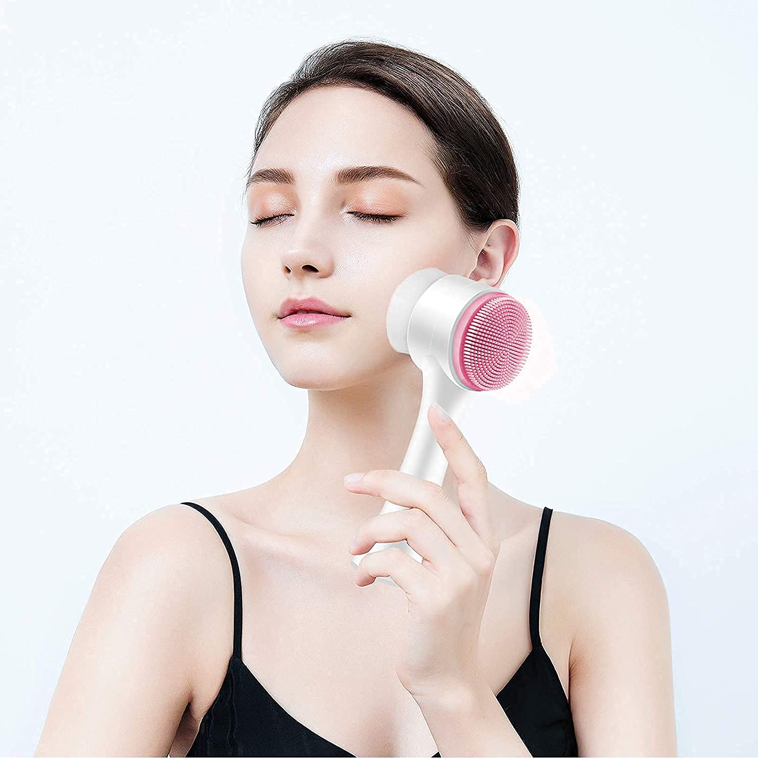 Face Brush - Manual Facial Cleansing, Double Side Skin Care Facial Cleaning Brush, Silicone Facial Scrubber Manual Dual Face Wash Brush for Deep Pore Exfoliation Makeup Massaging (Pink)