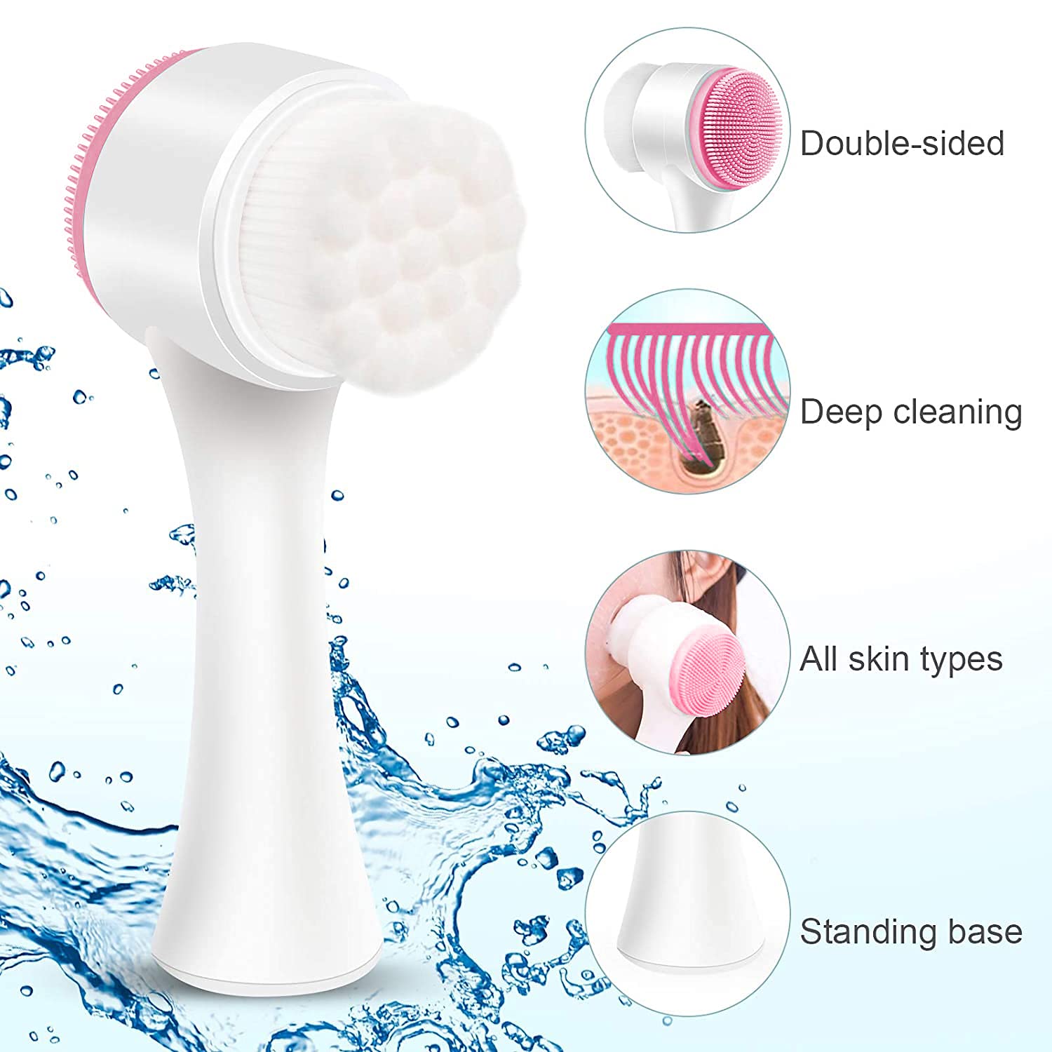 Face Brush - Manual Facial Cleansing, Double Side Skin Care Facial Cleaning Brush, Silicone Facial Scrubber Manual Dual Face Wash Brush for Deep Pore Exfoliation Makeup Massaging (Pink)