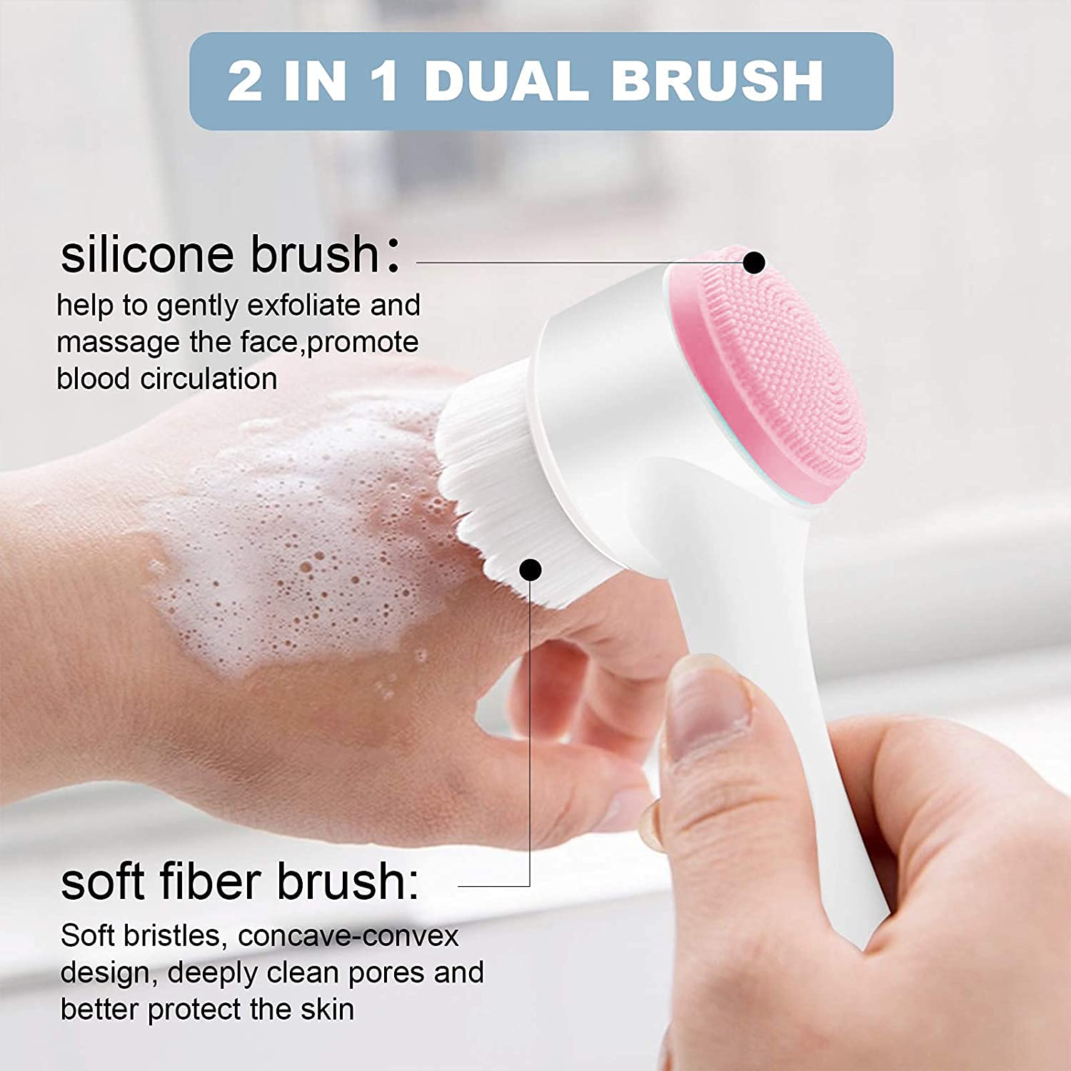 Face Brush - Manual Facial Cleansing, Double Side Skin Care Facial Cleaning Brush, Silicone Facial Scrubber Manual Dual Face Wash Brush for Deep Pore Exfoliation Makeup Massaging (Pink)