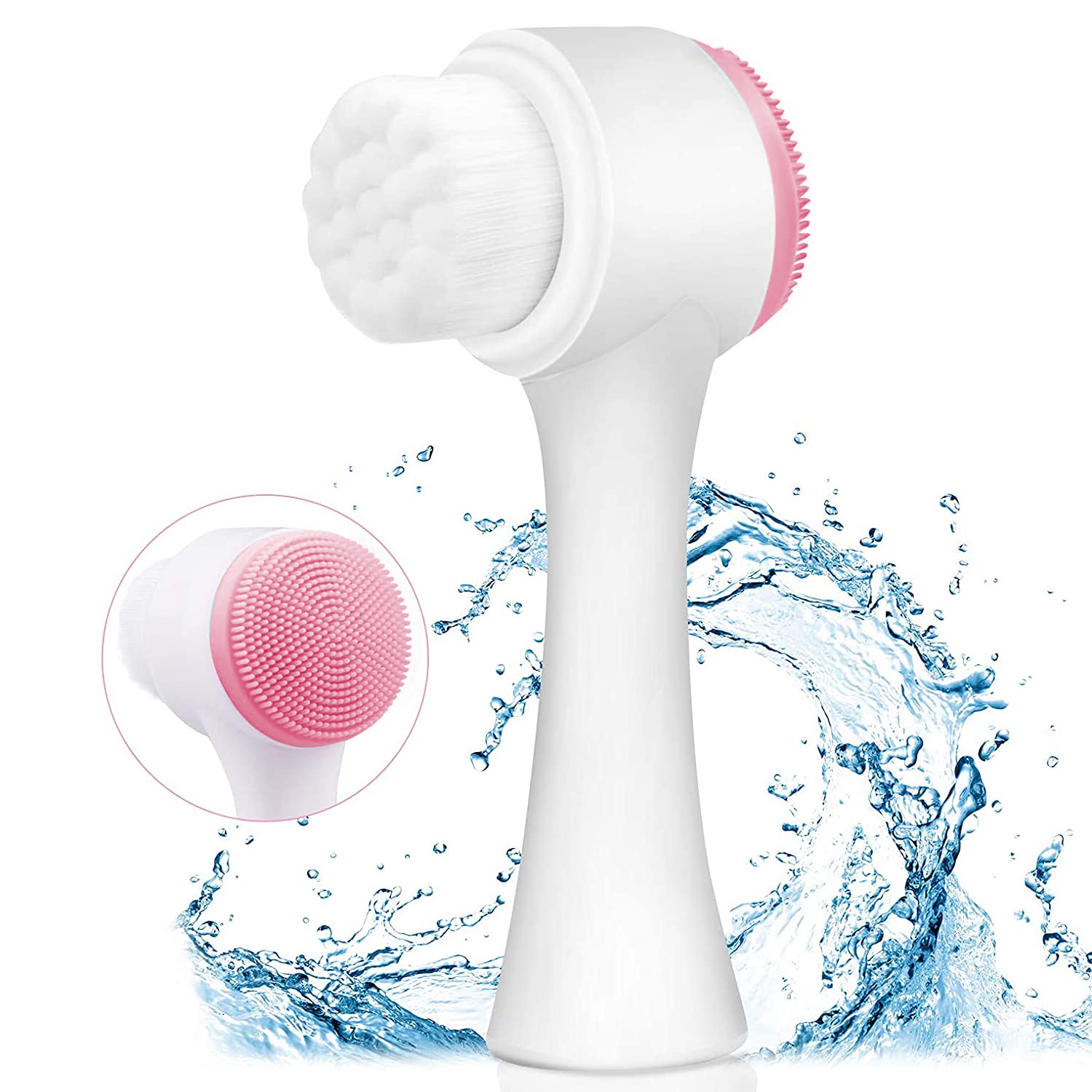 Face Brush - Manual Facial Cleansing, Double Side Skin Care Facial Cleaning Brush, Silicone Facial Scrubber Manual Dual Face Wash Brush for Deep Pore Exfoliation Makeup Massaging (Pink)