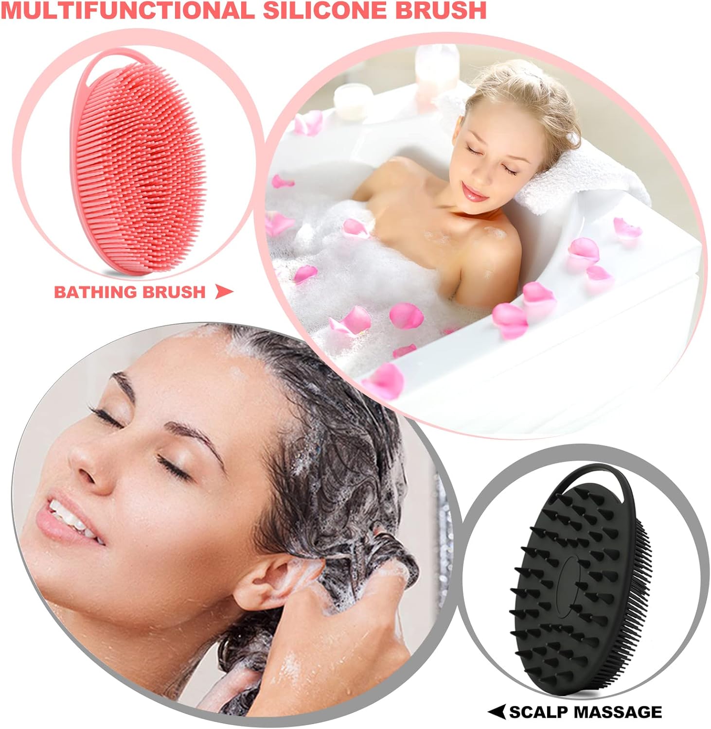 Silicone Body Scrubber, Silicone Loofah Double-Sided Body Brush,Silicone Shower Scrubber and Scalp Massager Shampoo Brush for Sensitive Kids Women Men All Kinds of Skin (Assorted Colours)