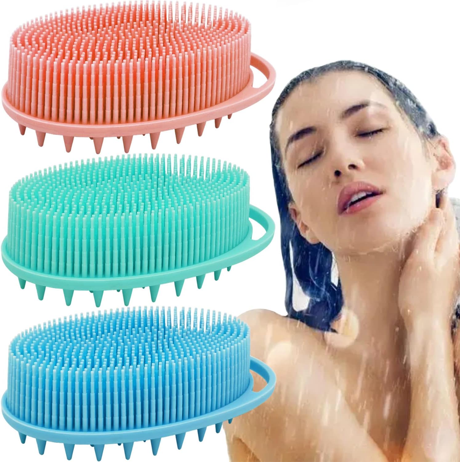Silicone Body Scrubber, Silicone Loofah Double-Sided Body Brush,Silicone Shower Scrubber and Scalp Massager Shampoo Brush for Sensitive Kids Women Men All Kinds of Skin (Assorted Colours)